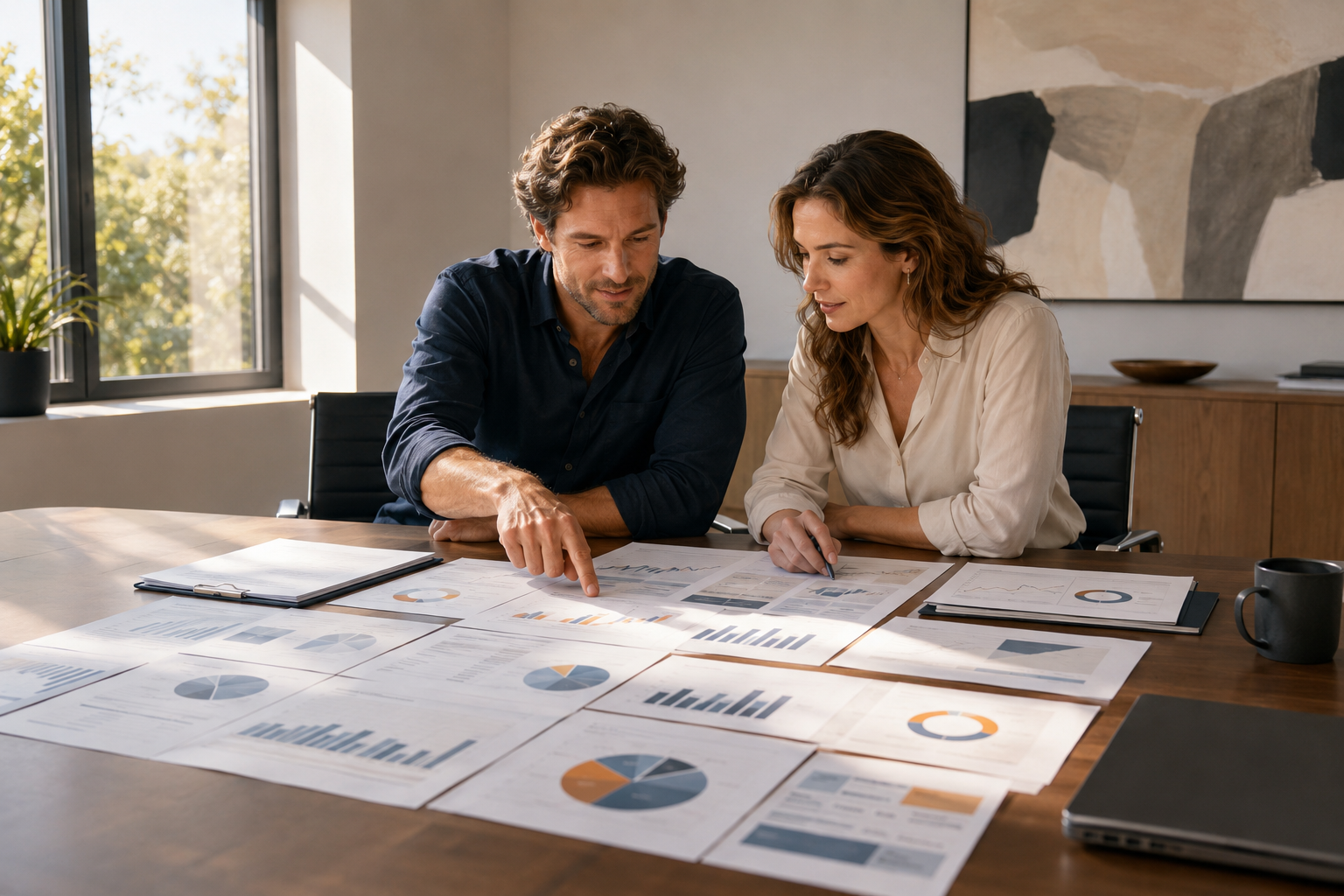 Two people in a modern office reviewing printed reports spread across a table, one pointing at a section, natural afternoon light, collaborative tone