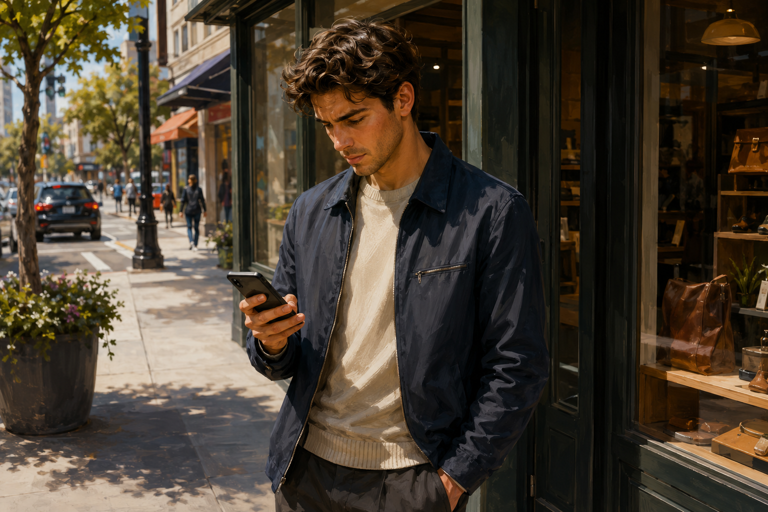 A person standing outside a storefront in a busy commercial area, phone in hand, reviewing something on screen, city environment with natural daylight, slightly elevated angle looking down at the subject