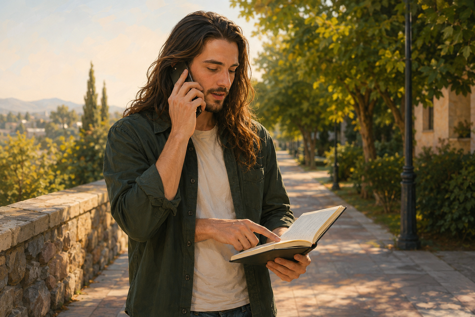 A person standing outside on a phone call with an open notebook, pointing at notes, late afternoon sun, painterly digital illustration style.