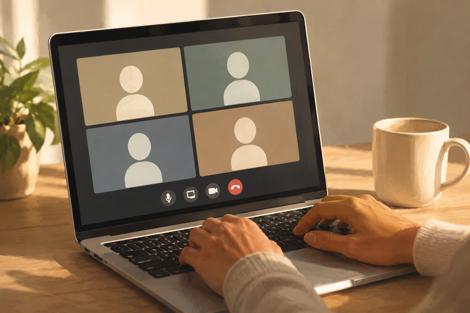 Close-up of a laptop screen showing a video call interface, hands on keyboard, coffee mug beside it, clean minimalist desk, painterly digital illustration style.