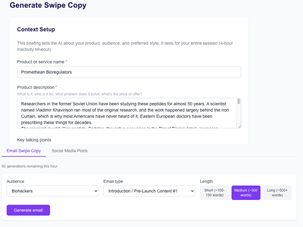 AffiliateHQ AI swipe copy generator drafting affiliate email copy with a refine-and-feedback loop