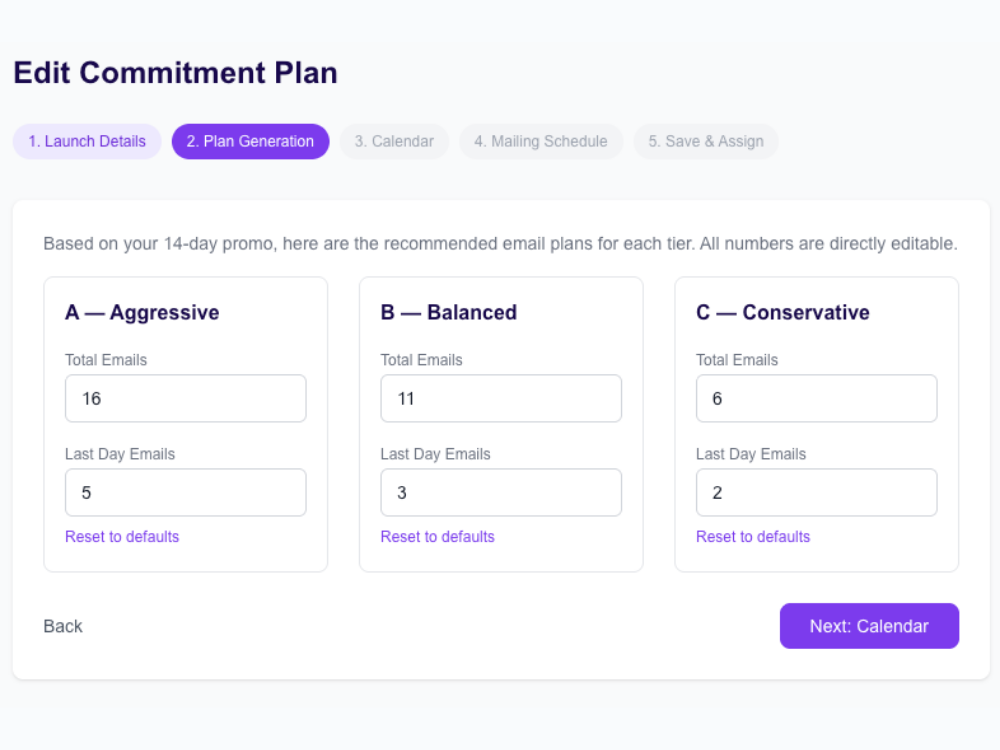 AffiliateHQ Commitment Plan builder with day-by-day promo calendar and email-count recommendations