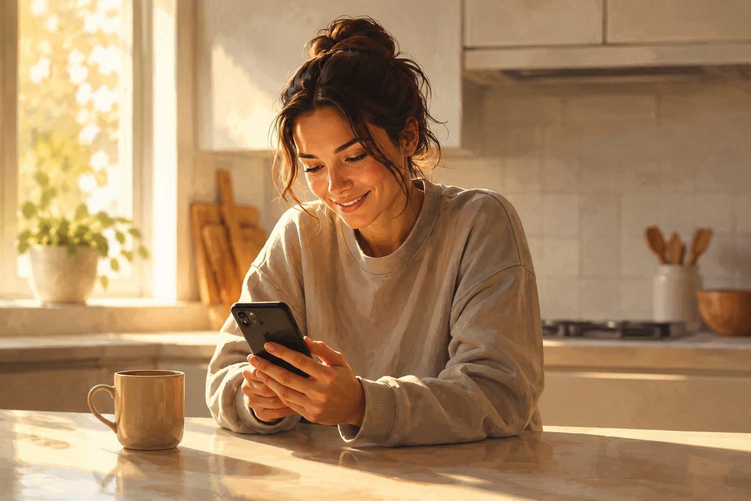 An affiliate at a kitchen counter looking at their phone with a pleased expression, morning coffee, relaxed and casual, painterly digital illustration style.