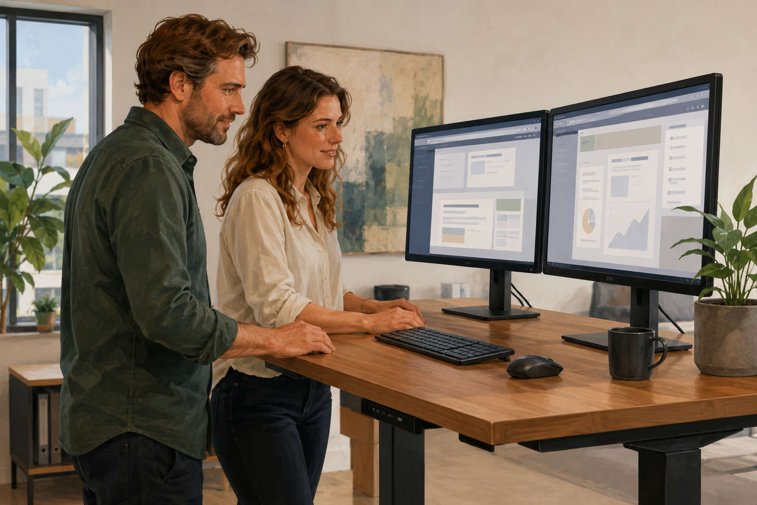 Two colleagues at a standing desk looking at a dual monitor setup with browser windows open, casual professional setting with plants in background