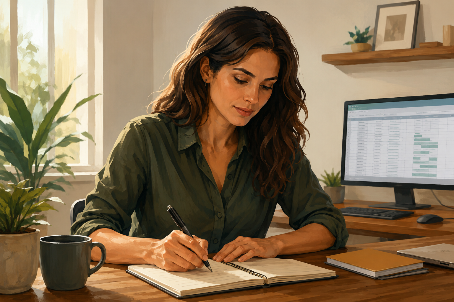 An entrepreneur taking notes in a notebook while looking at a monitor showing a simple tracking spreadsheet