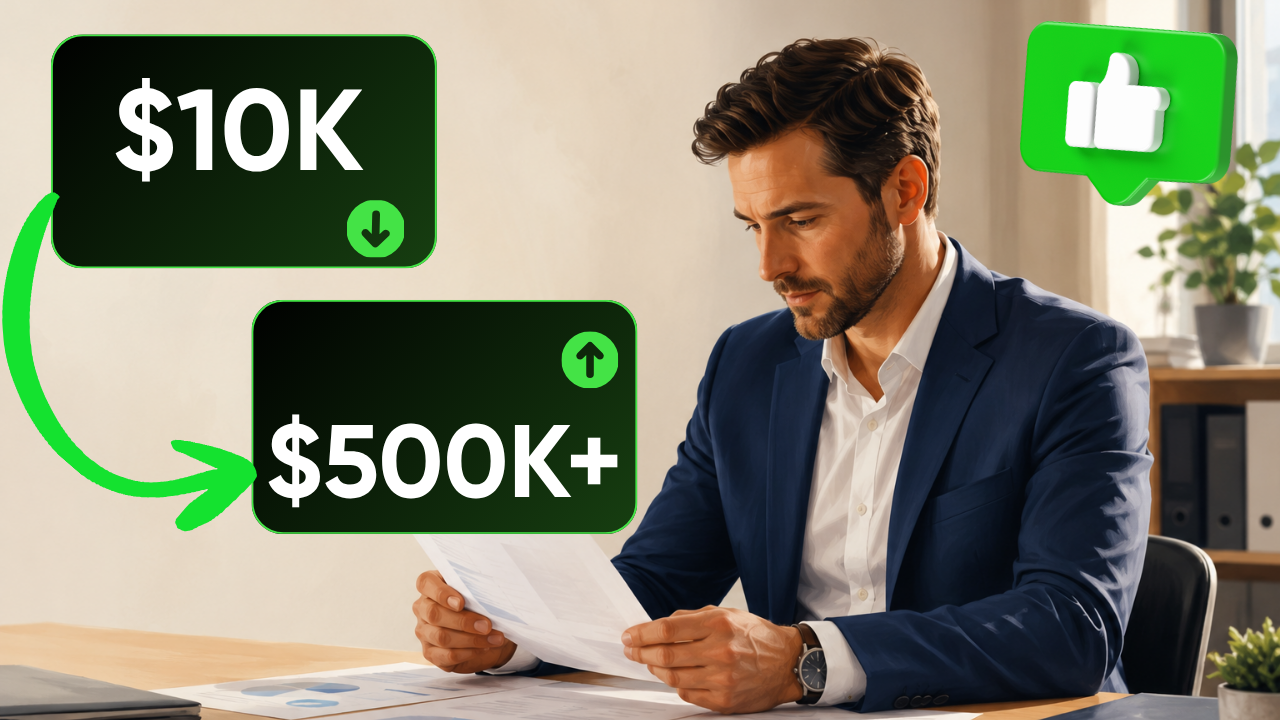 Business owner standing confidently at desk with affiliate program growth materials, subject offset to the right with open negative space on the left side