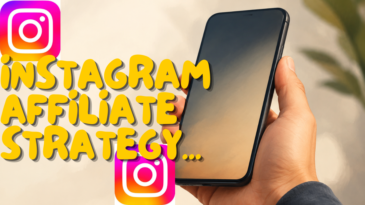 Affiliate marketer reviewing Instagram content on a phone, seated at a bright window with a coffee on the right side, clean negative space on the left