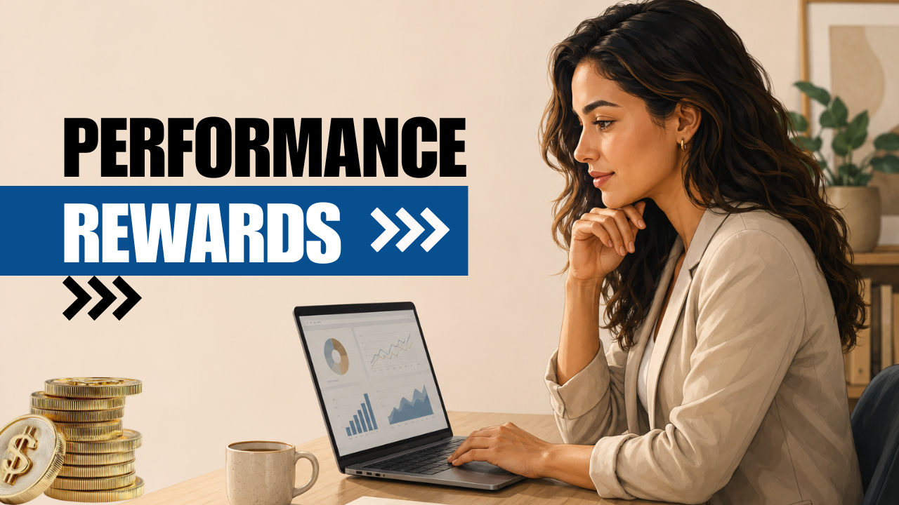 Affiliate manager reviewing performance bonus results on a laptop with a coffee cup beside them