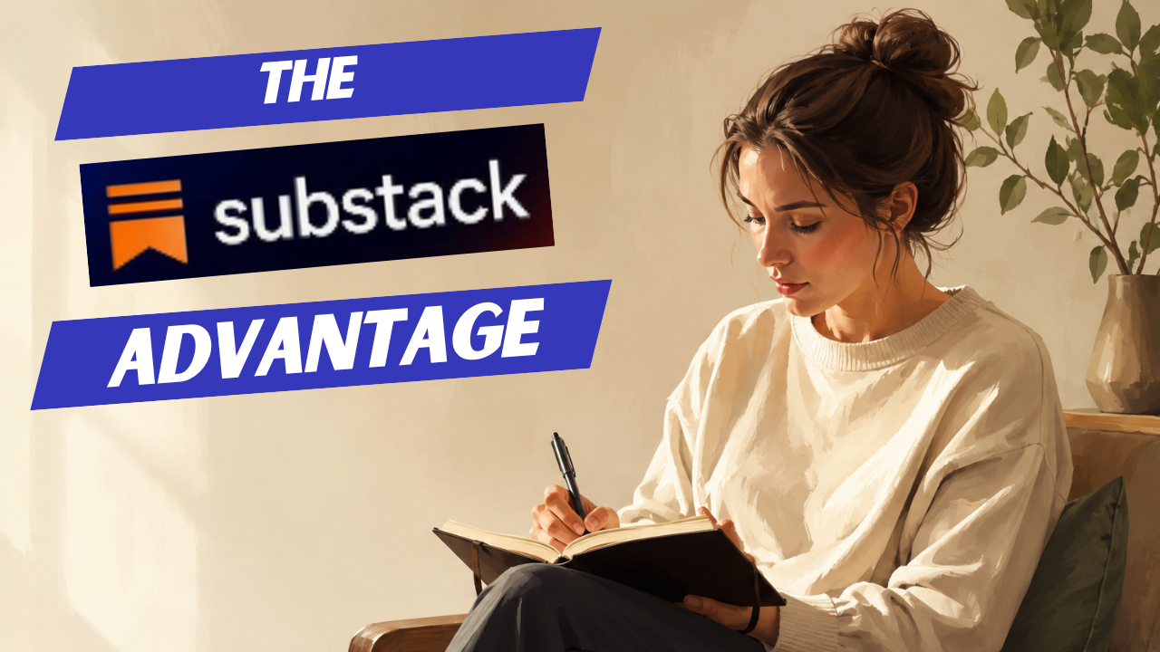 Affiliate marketer writing a Substack newsletter at a desk, subject offset to the right with open negative space on the left