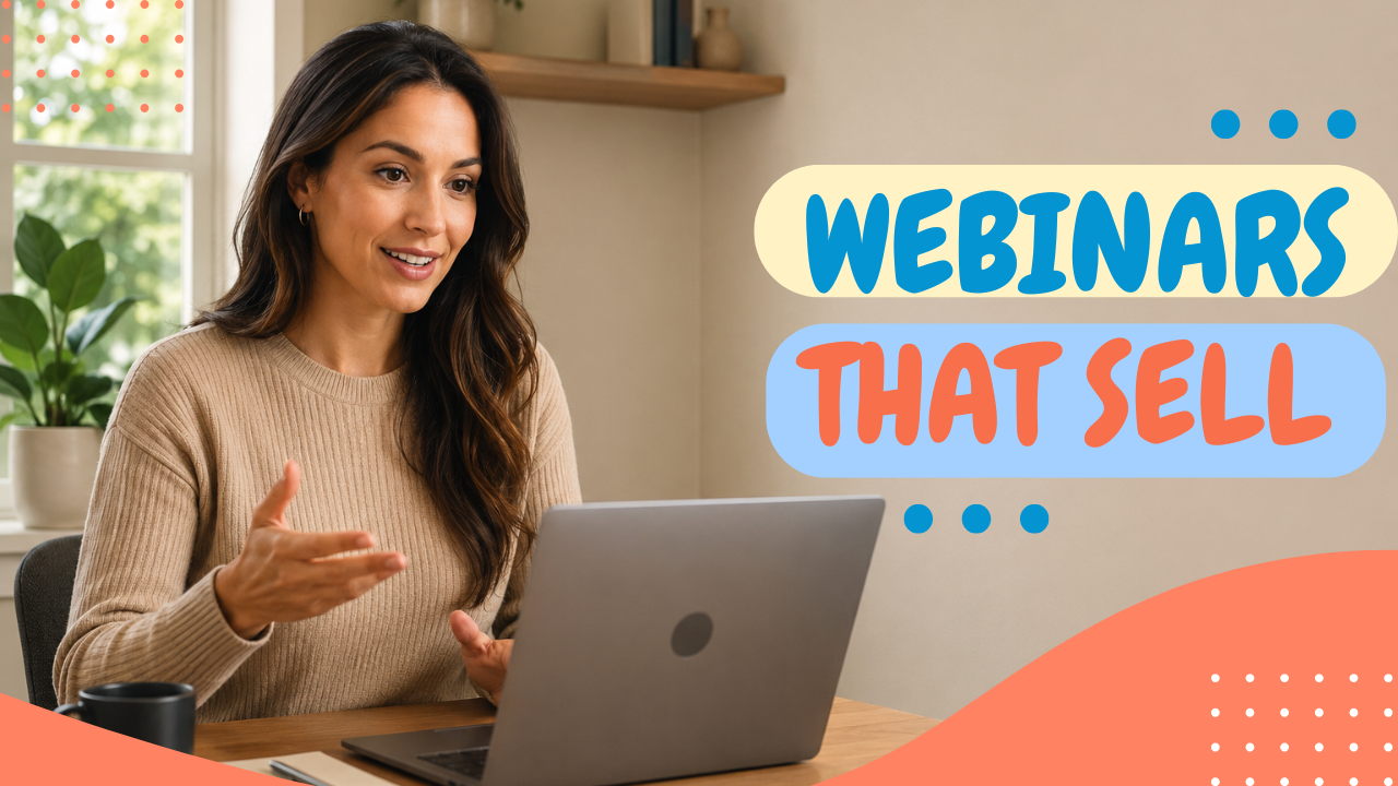 An affiliate marketer presenting at a laptop from a bright home office, clean open wall taking up the right 35% of the frame for text overlay, subject offset left