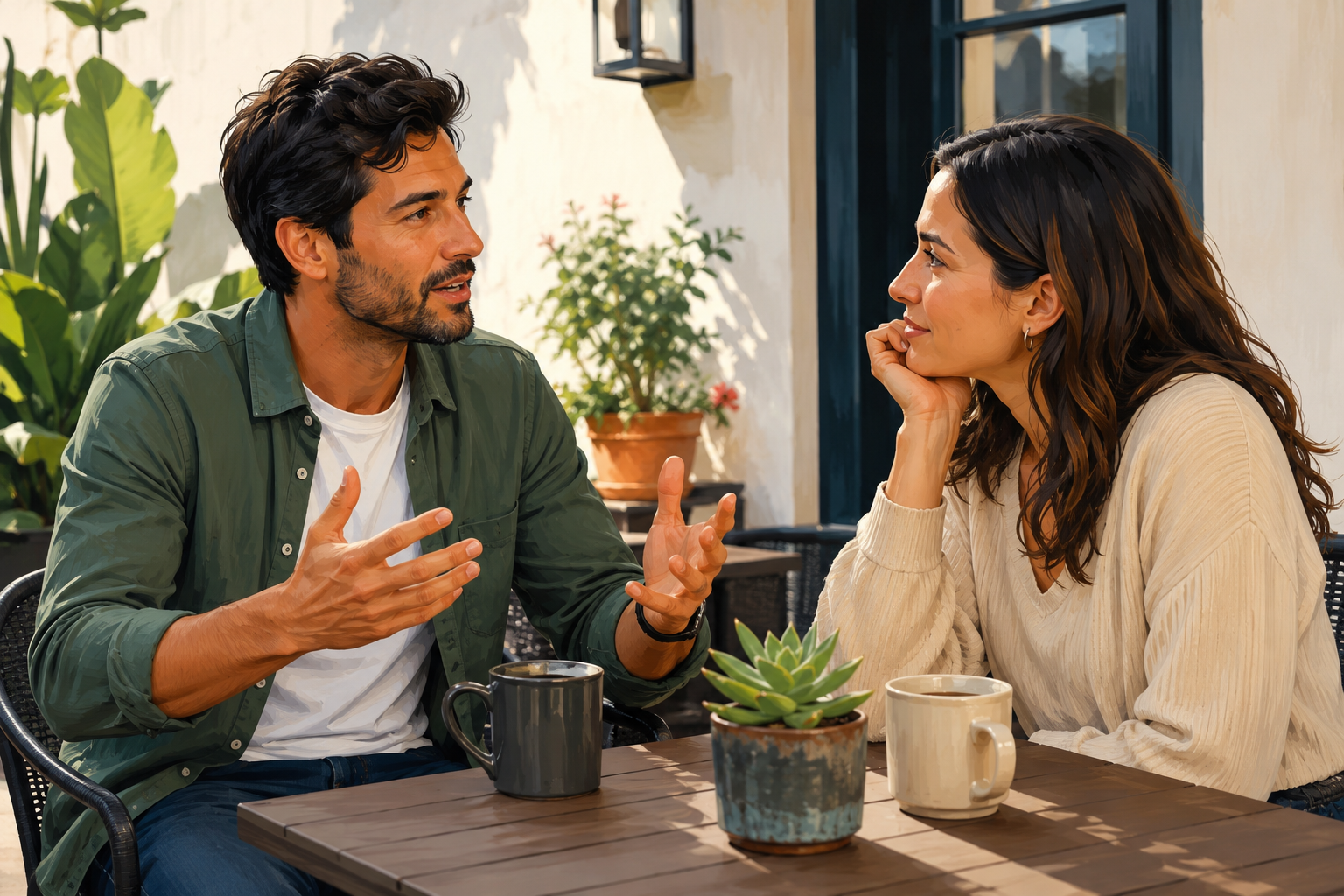 Outdoor conversation between two people at a patio table, one gesturing openly and honestly, relaxed daylight setting
