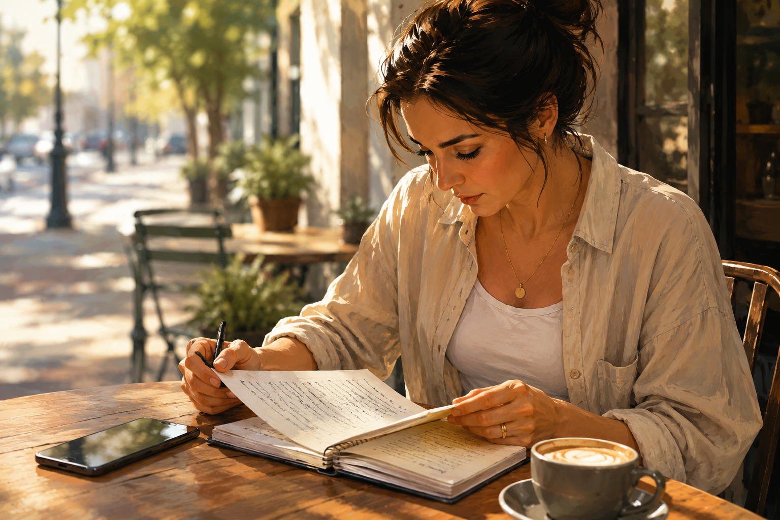 Person reviewing notes at an outdoor cafe table, phone face up beside a coffee, calm and focused expression