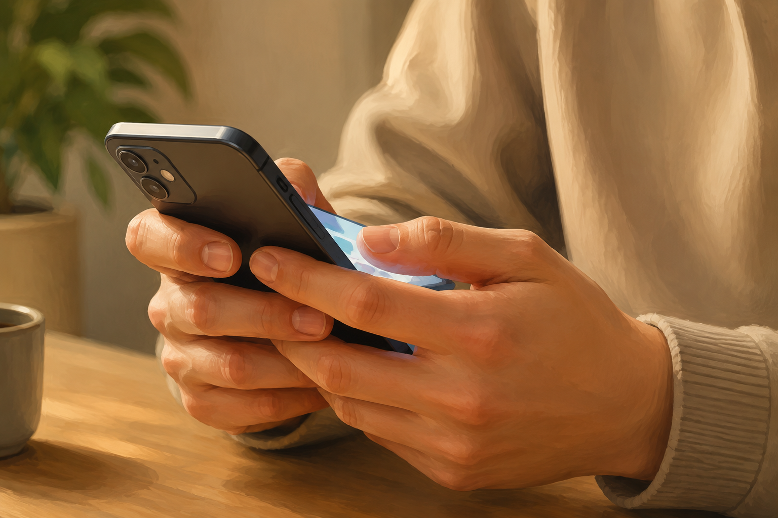 Close-up of hands holding a phone with a clean profile page visible, modern and organized, blurred background