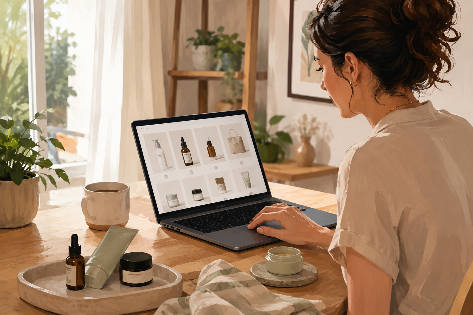 Person browsing products online on a laptop at a home table, with a few product samples laid out nearby, casual and bright
