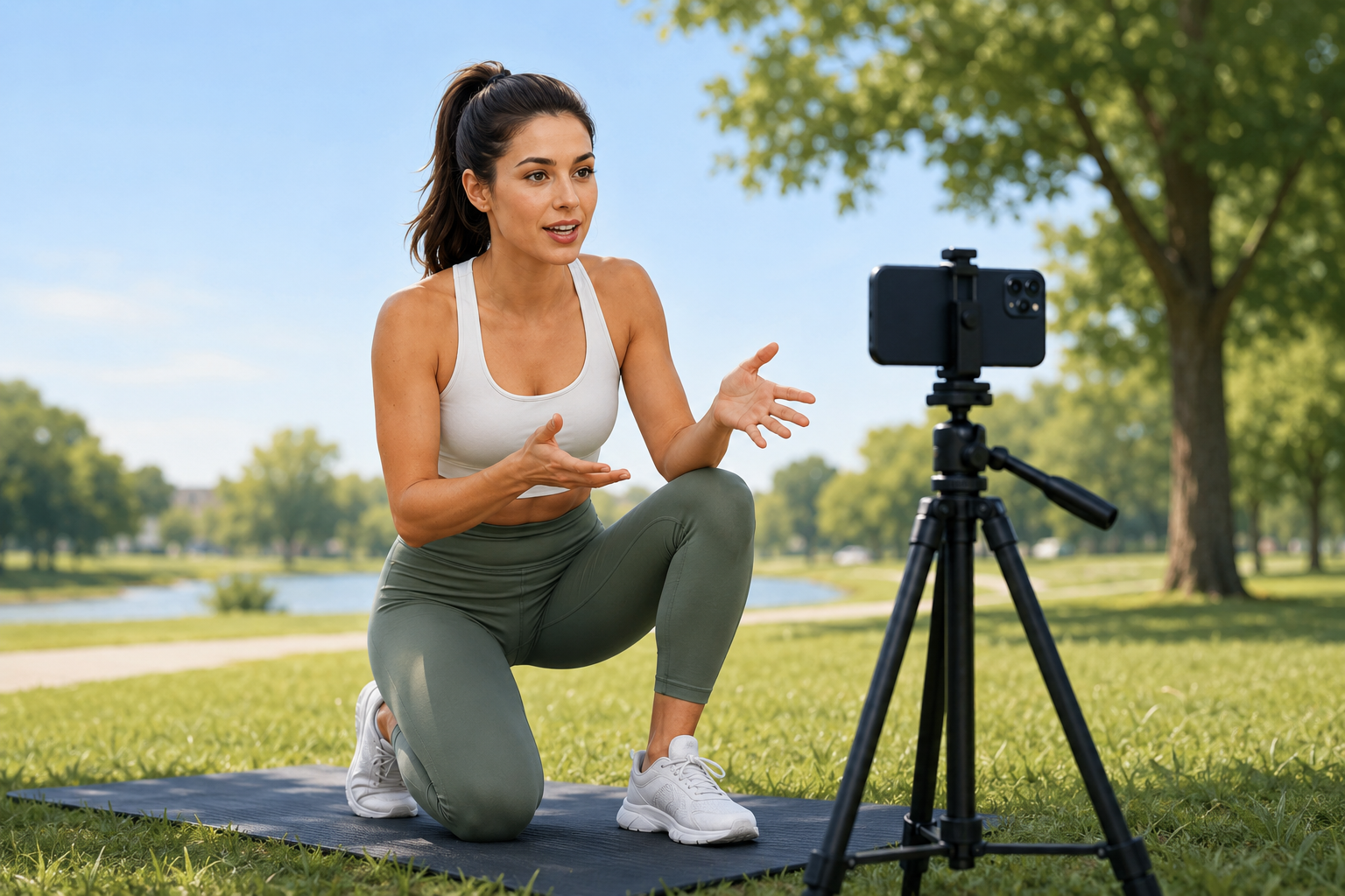 Person filming a Reel outdoors in a park, phone on a small tripod, relaxed and in motion, bright natural light