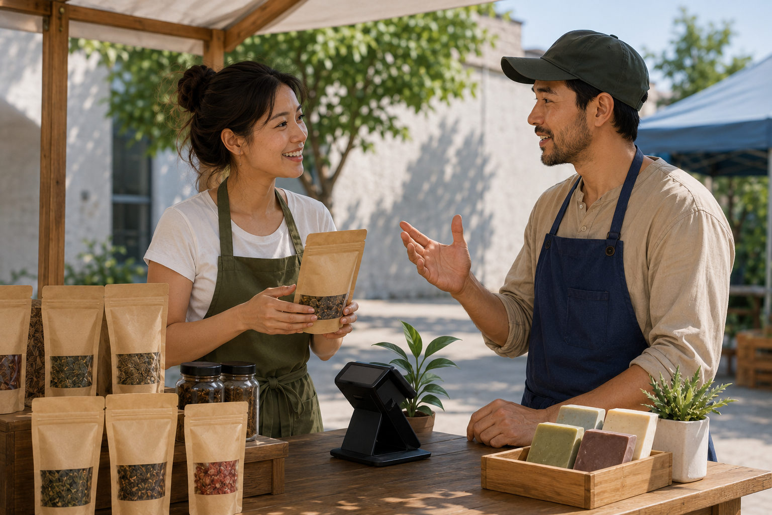 Two retail entrepreneurs outdoors at an open-air market, one holding a product package and the other gesturing while explaining something, with a mobile payment device visible on the table. Painterly digital illustration, stylized realism. No text on the image.