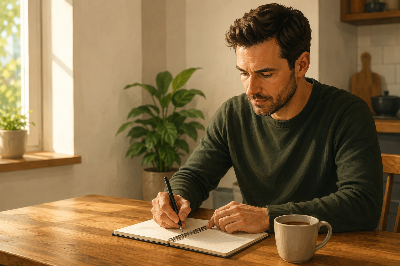 Person at a kitchen table with a notebook and coffee, writing a list with focused expression, morning light from window to the left, plant in background