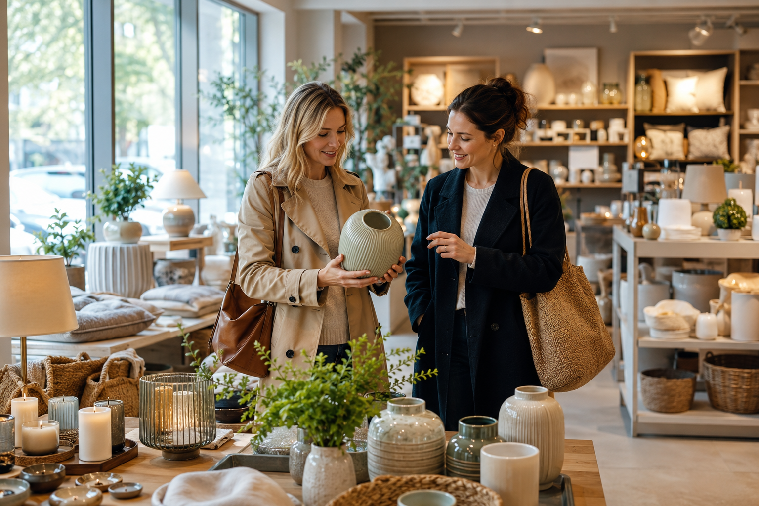 Two women browsing home decor items at a store, comparing products, relaxed weekend atmosphere, natural light through storefront windows