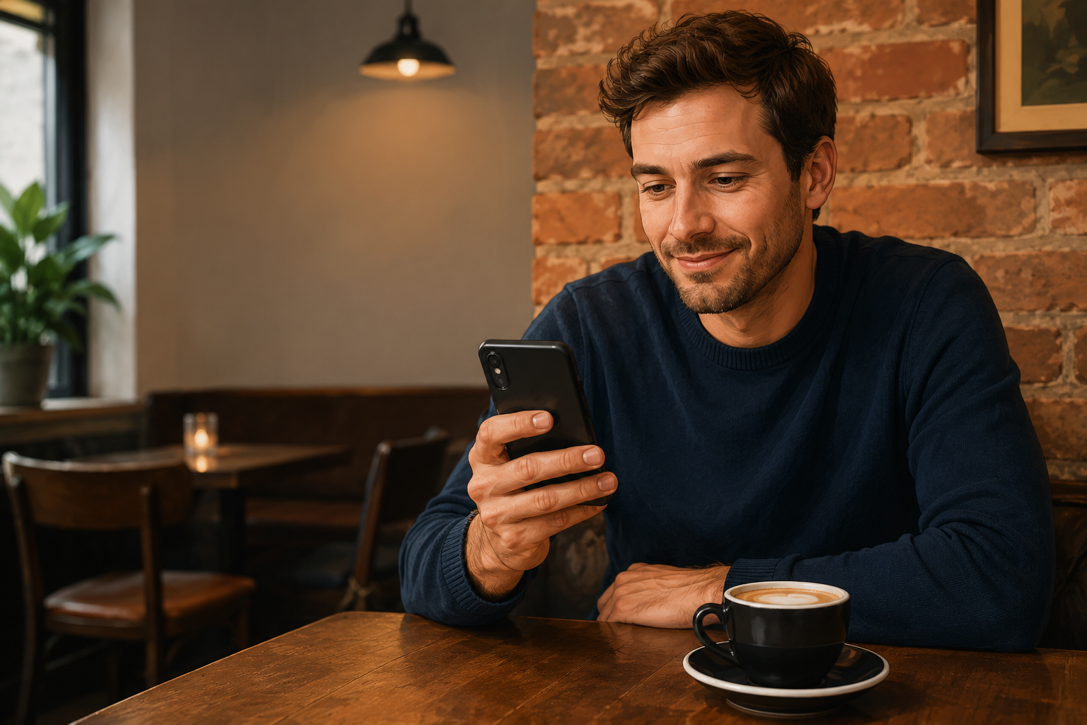 Person at a café table with a coffee and a phone, reviewing notifications, relaxed and slightly amused expression, warm indoor light, brick wall behind