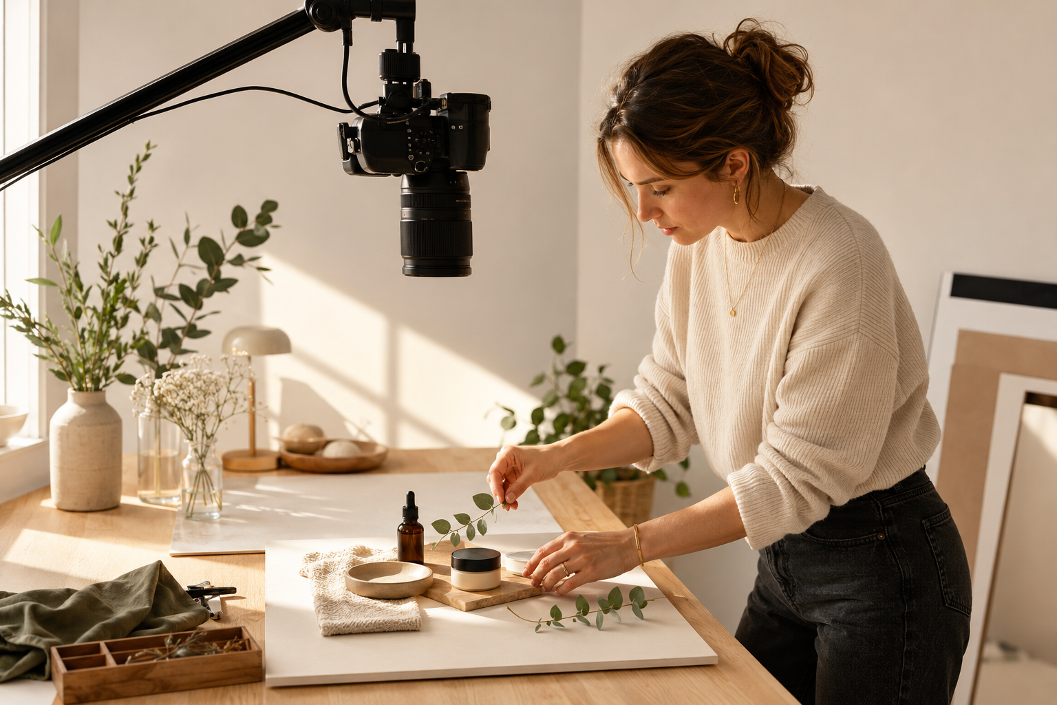 Person at a bright home studio desk arranging a flat-lay scene with products and a camera mounted above, creative workspace, afternoon light