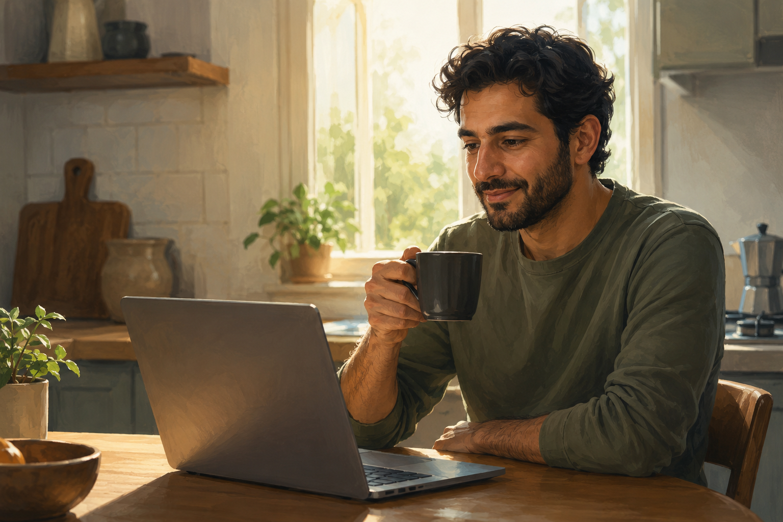 Person checking analytics on a laptop at a kitchen table, relaxed posture, morning light through a window behind them