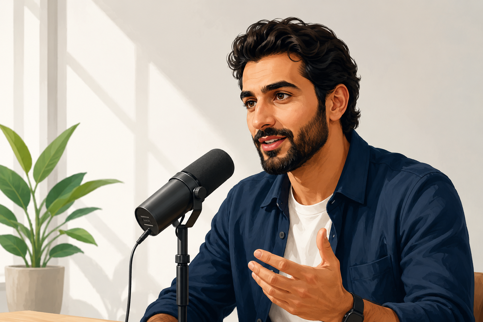 Podcast host in a brightly lit room, speaking directly into a microphone, confident and relaxed posture
