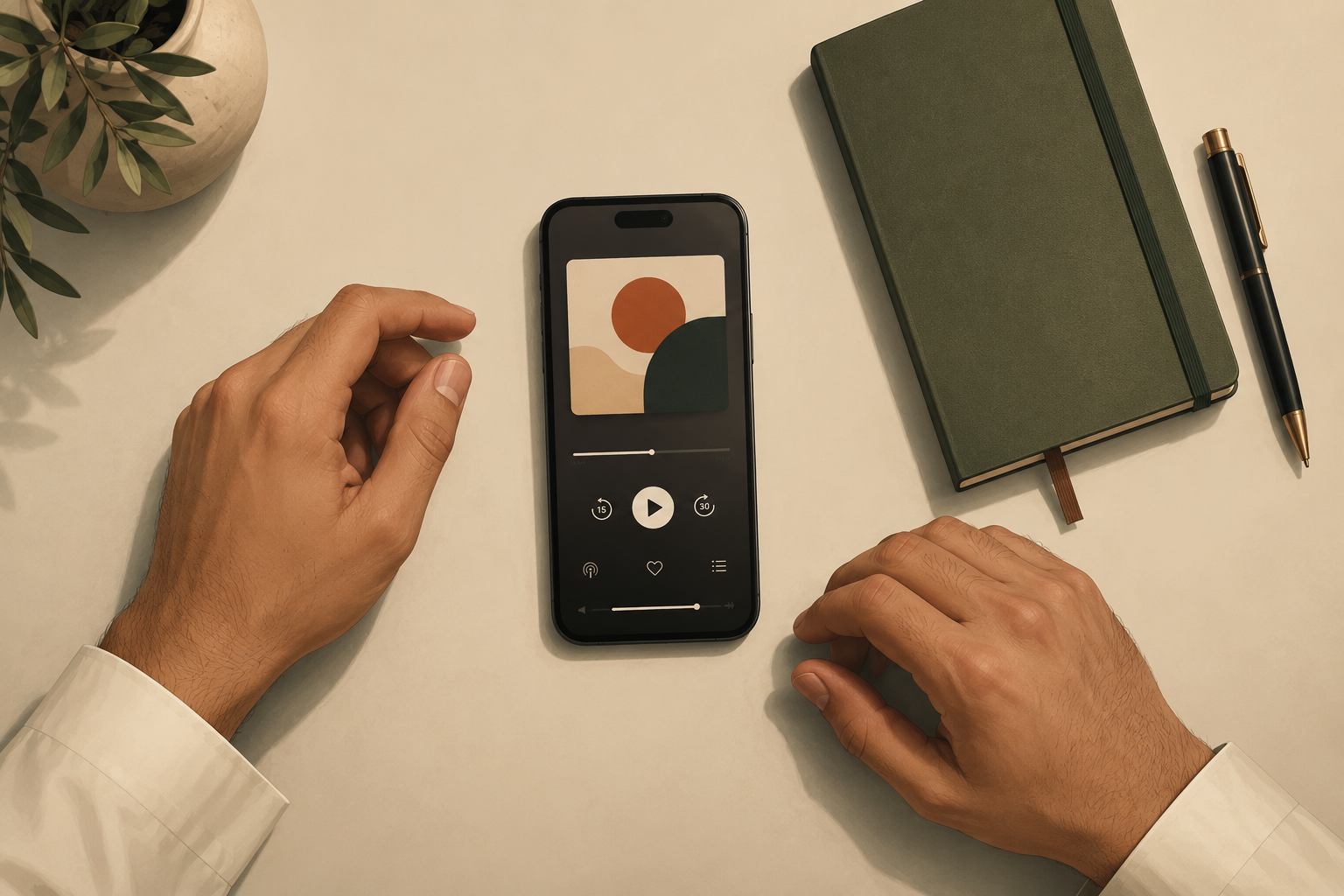 Overhead shot of hands on a desk with a notebook, pen, and phone showing a podcast app, surrounded by product packaging