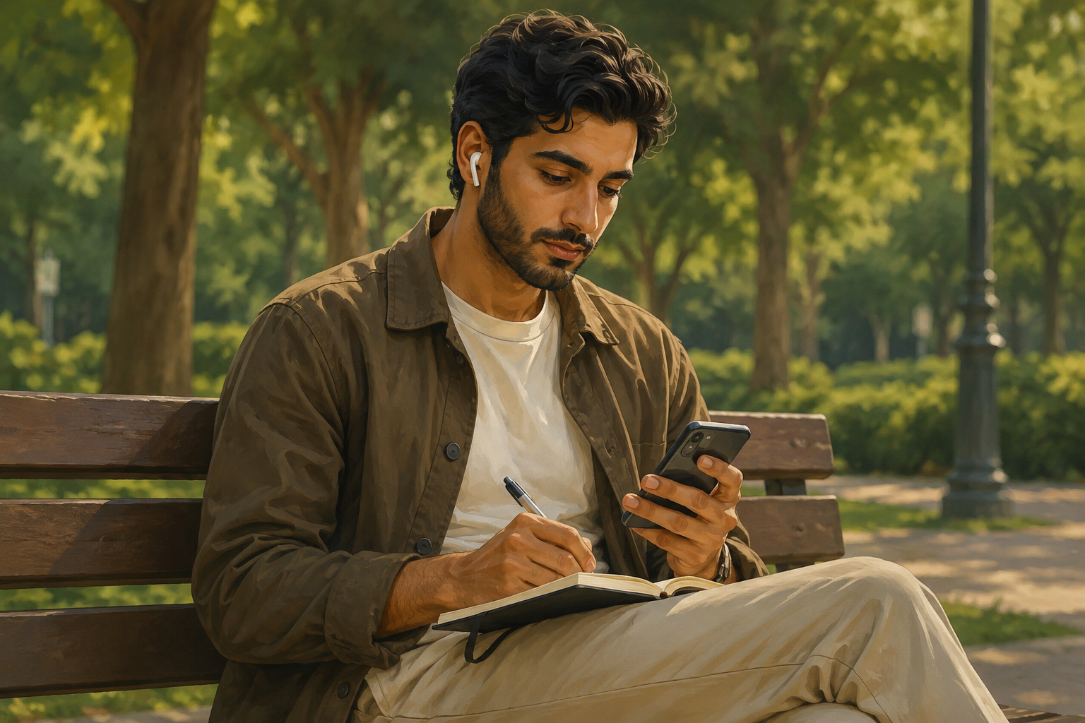 Person outdoors on a park bench, looking at their phone and taking notes in a small journal, earbuds in