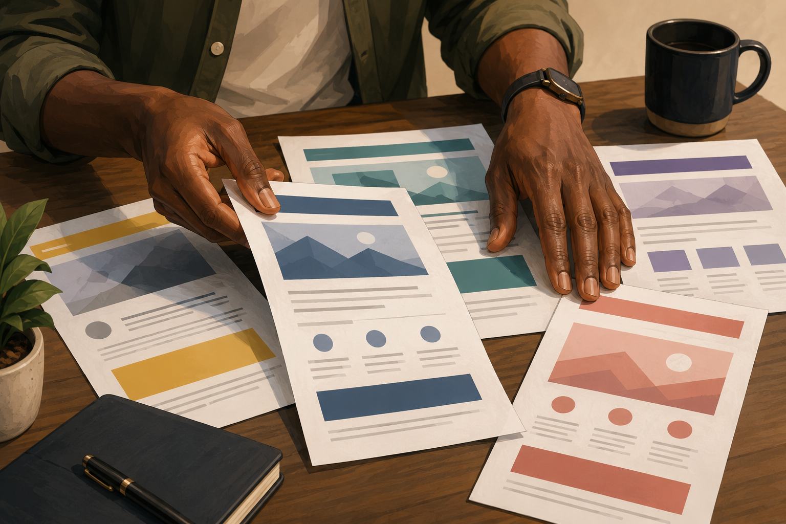 Close-up of hands organizing printed promotional materials and email templates on a table