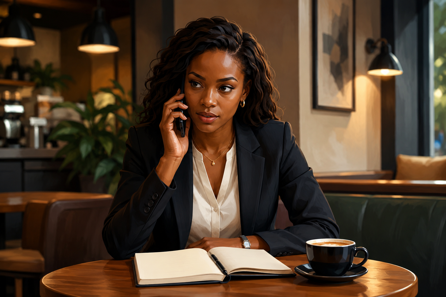 Person at a cafe making a phone call, looking focused, with a coffee and open notebook on the table