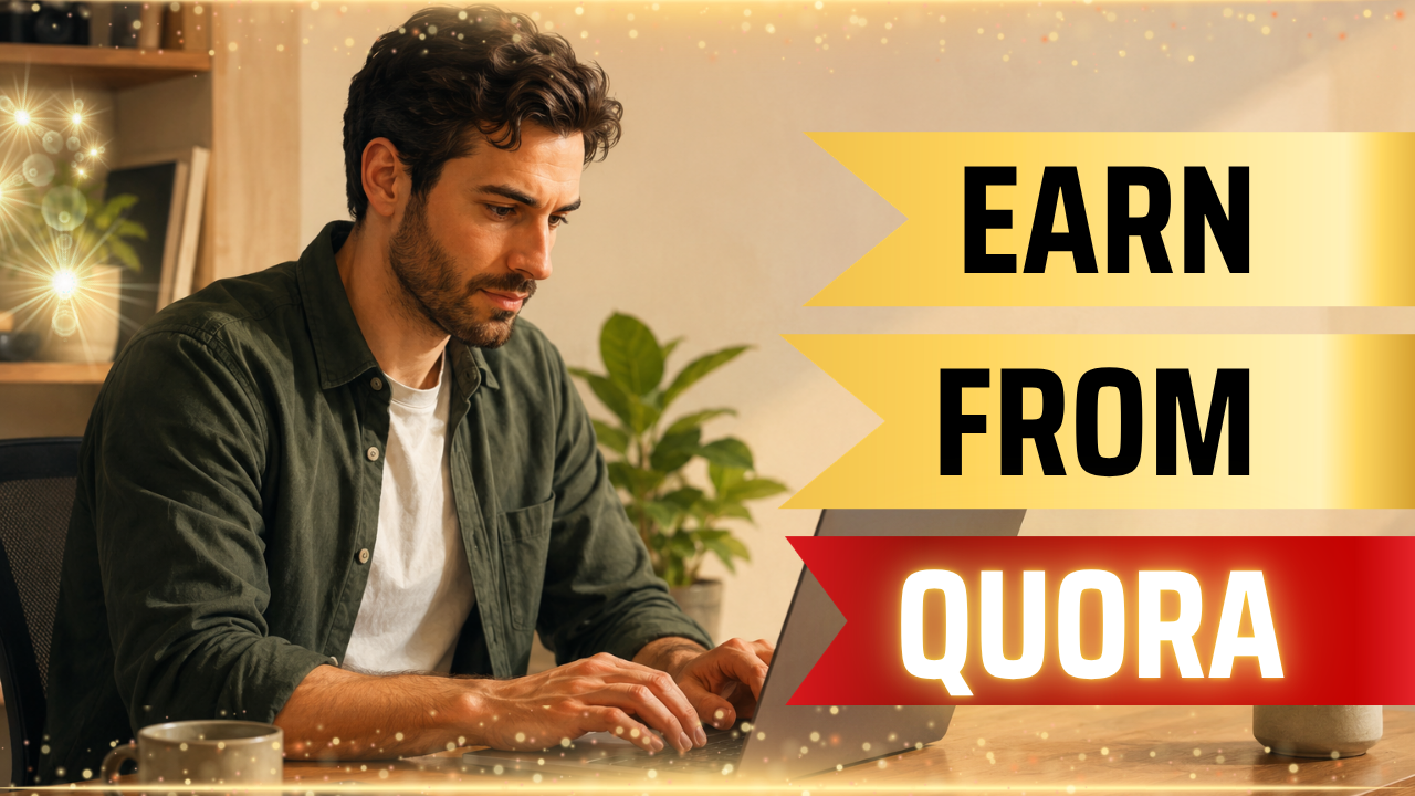 Person writing a Quora answer at a laptop in a warm home office, subject offset to the left with open negative space on the right