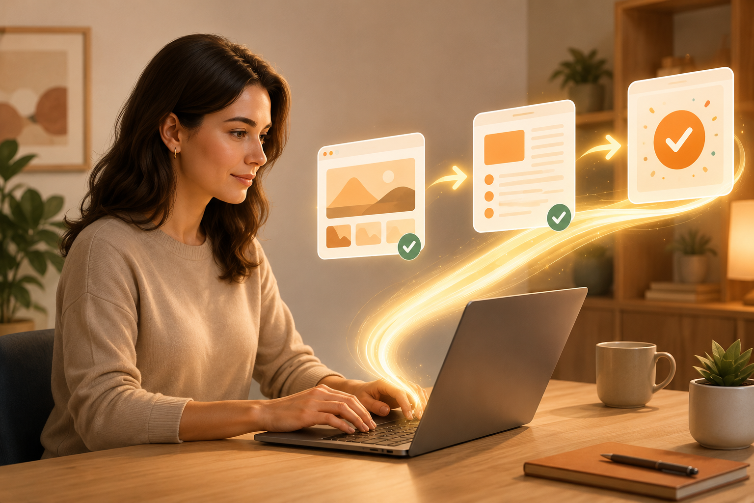 Two people at a coffee shop table reviewing content on a laptop together, one pointing at the screen, relaxed and collaborative mood