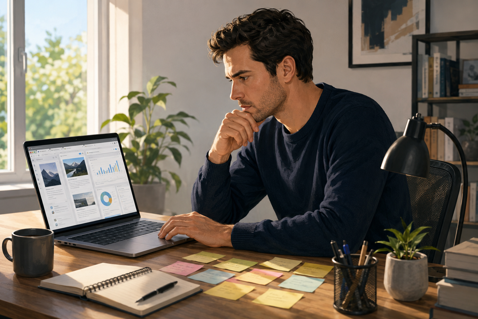 Person reviewing multiple open browser tabs on a laptop, sticky notes with topic keywords nearby, focused expression, morning light