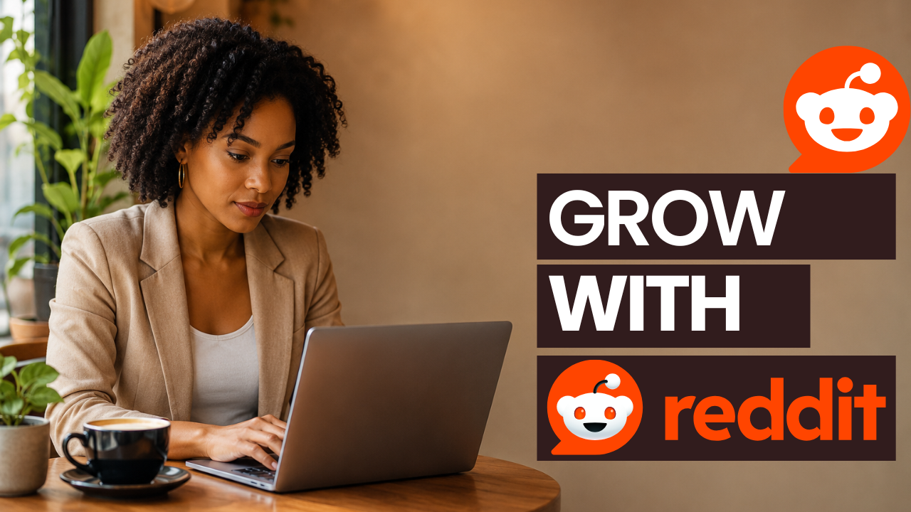 Affiliate marketer at a coffee shop reviewing community forums on a laptop, subject offset left with open negative space on the right