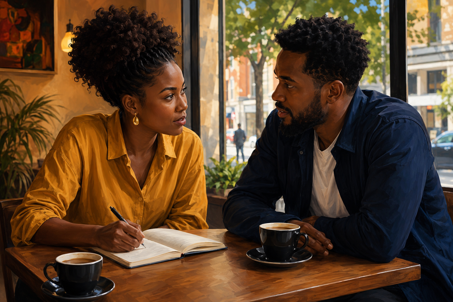 Two people meeting in a coffee shop, one writing in a notebook, both engaged in conversation, urban setting visible through the window
