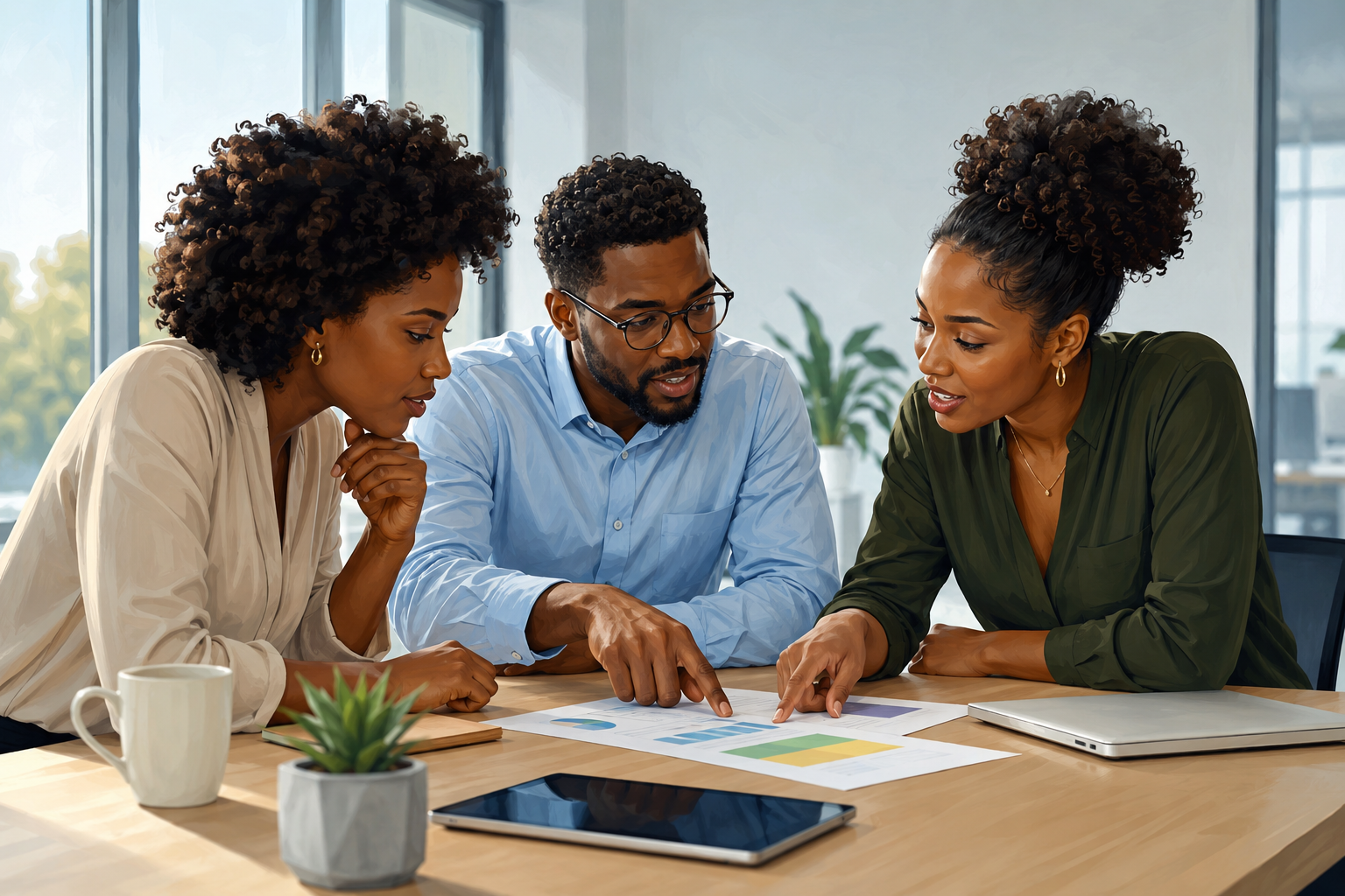 Group of three colleagues gathered around a table in a bright office, reviewing printed documents together, engaged and talking