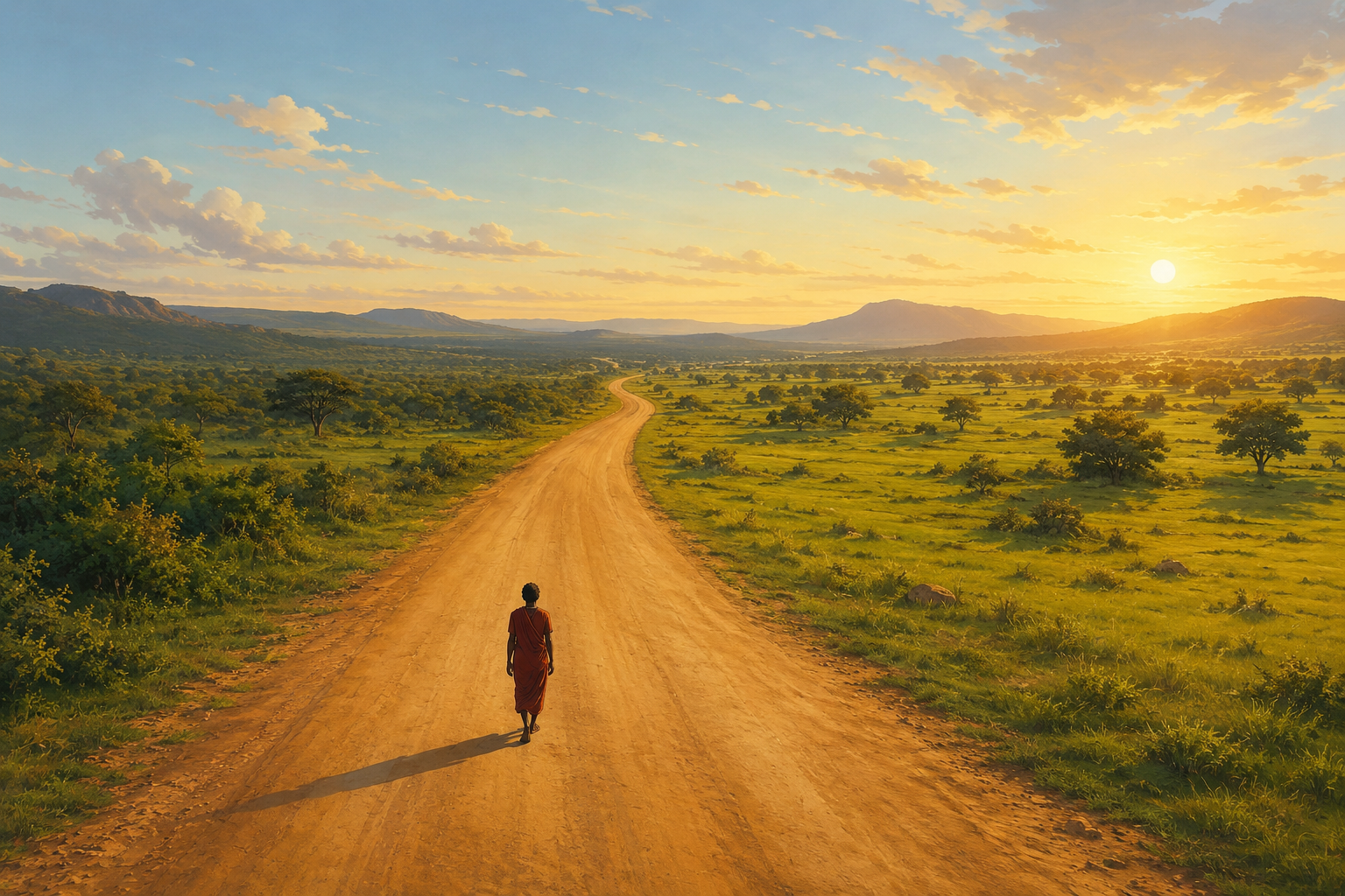 Aerial view of a person walking down a wide open road through a green landscape, small figure in a large space, late afternoon light