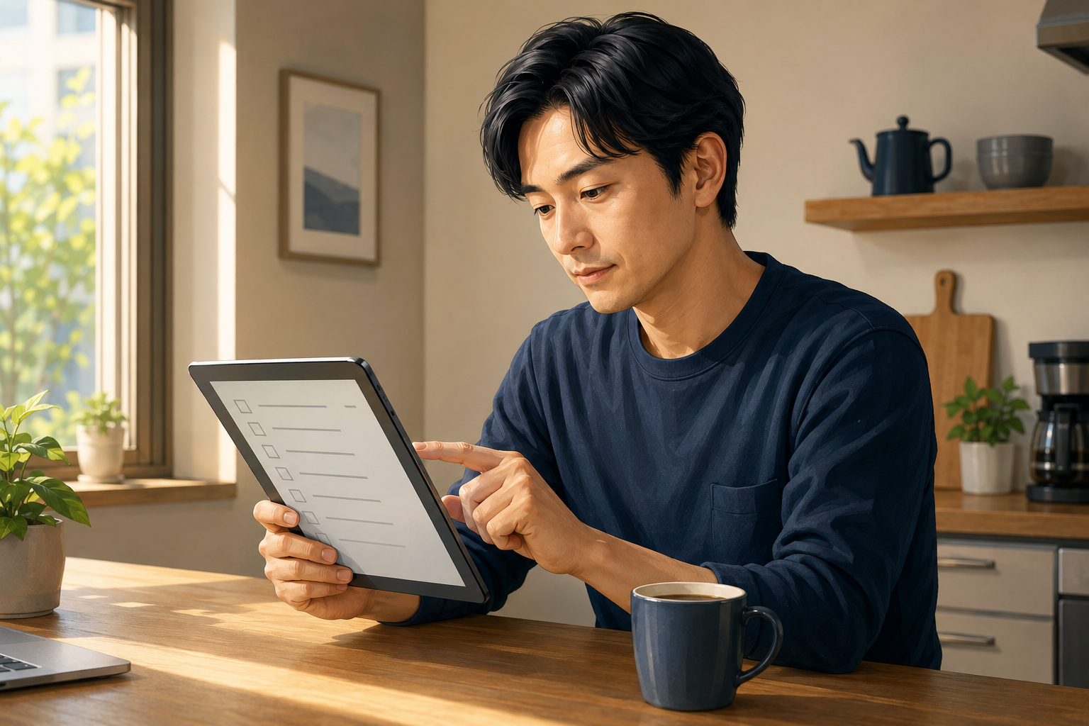 Person reviewing a checklist on a tablet while sitting at a kitchen counter with coffee
