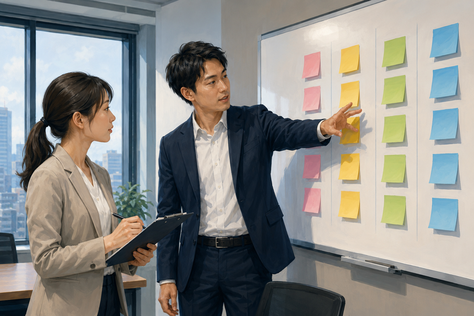 Two people at a whiteboard mapping out a customer journey with colored sticky notes