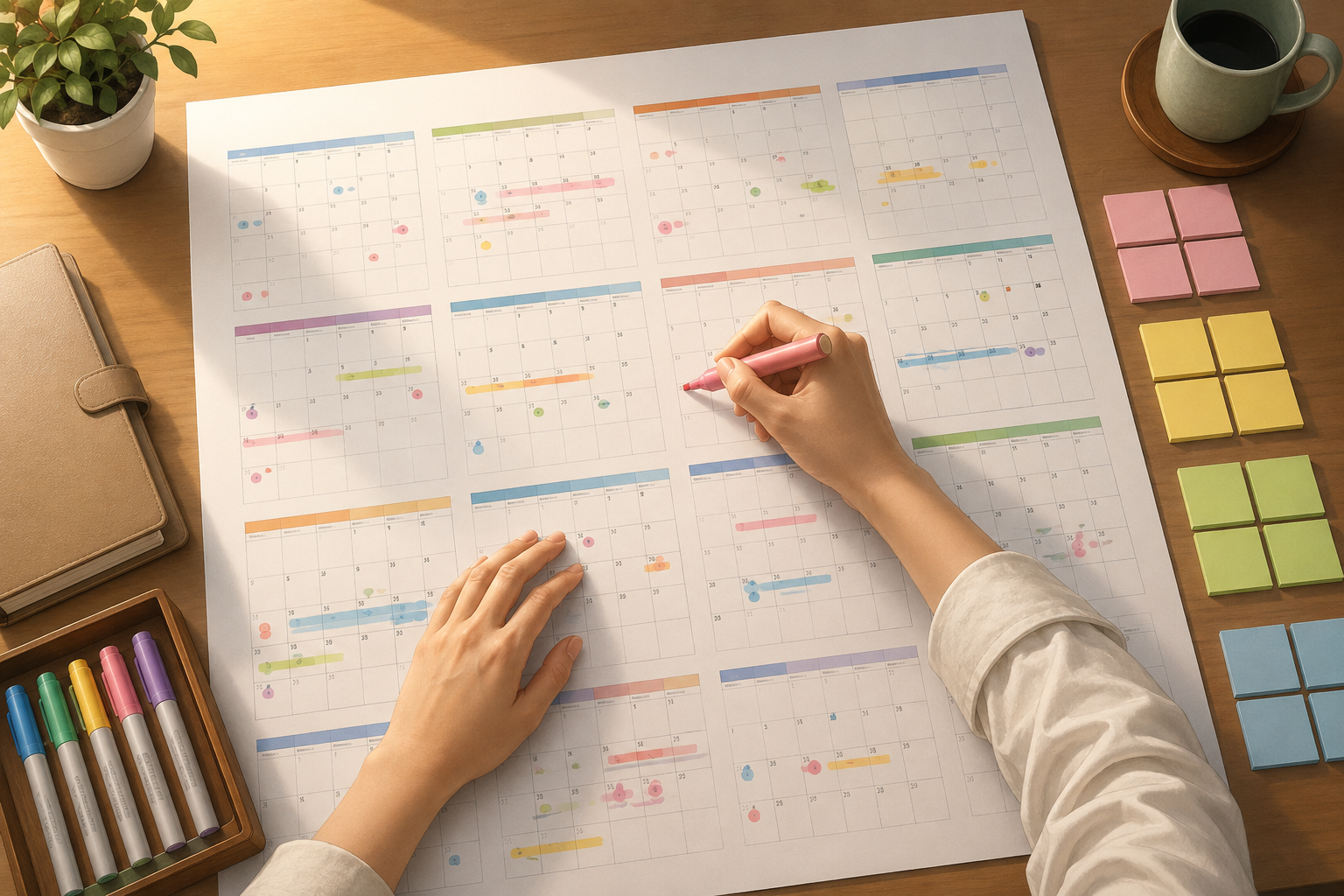Person marking dates on a large wall calendar with seasonal color-coding