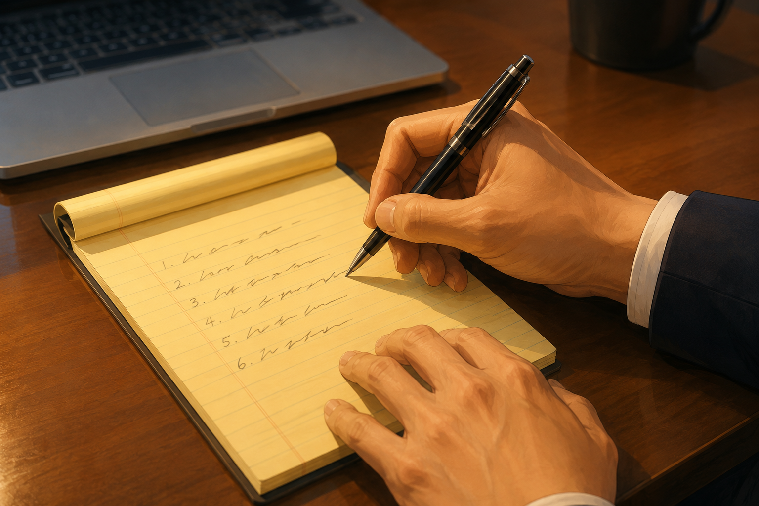 Close-up of hands writing offer details on a notepad next to an open laptop