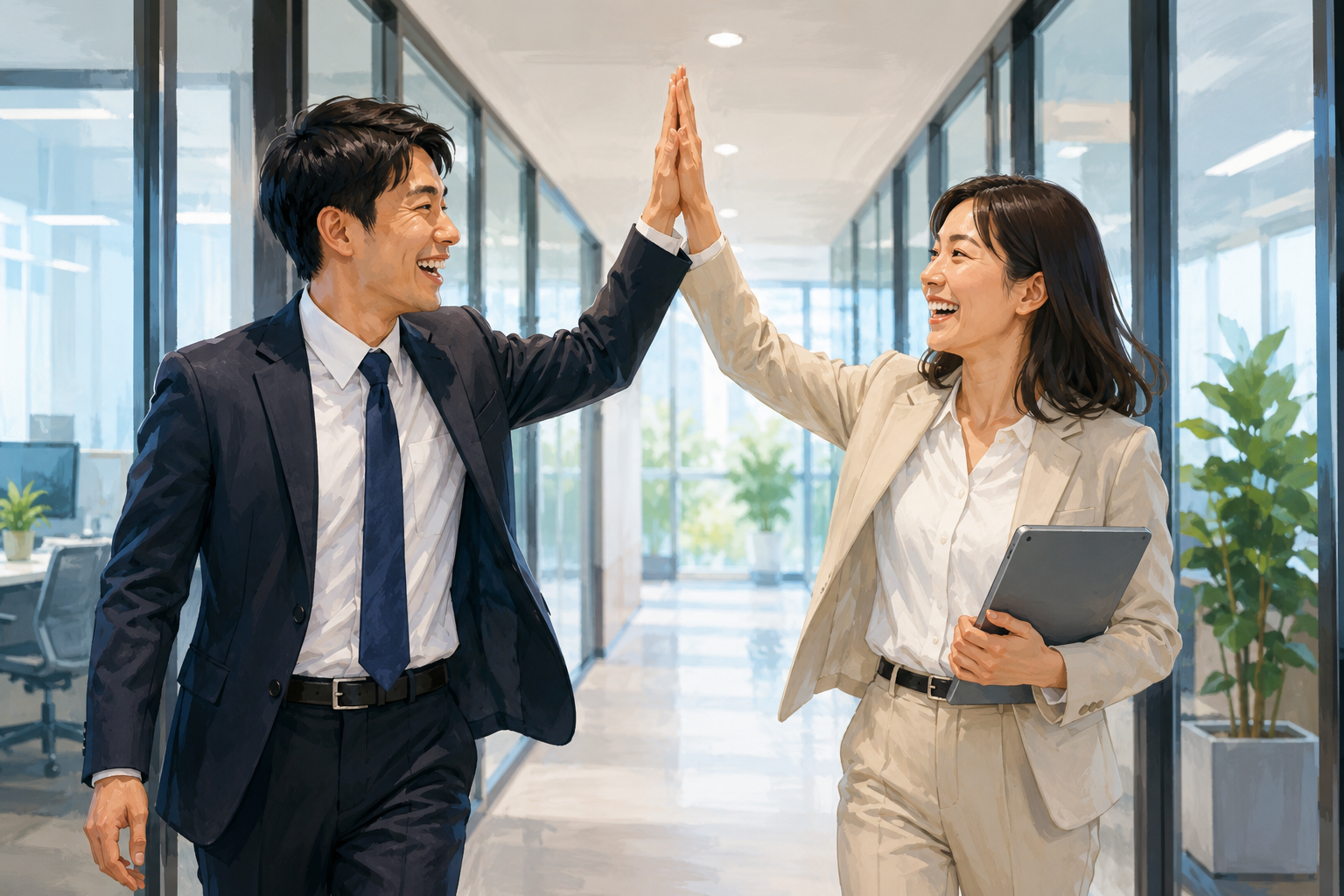 Two colleagues high-fiving in a hallway while walking between offices