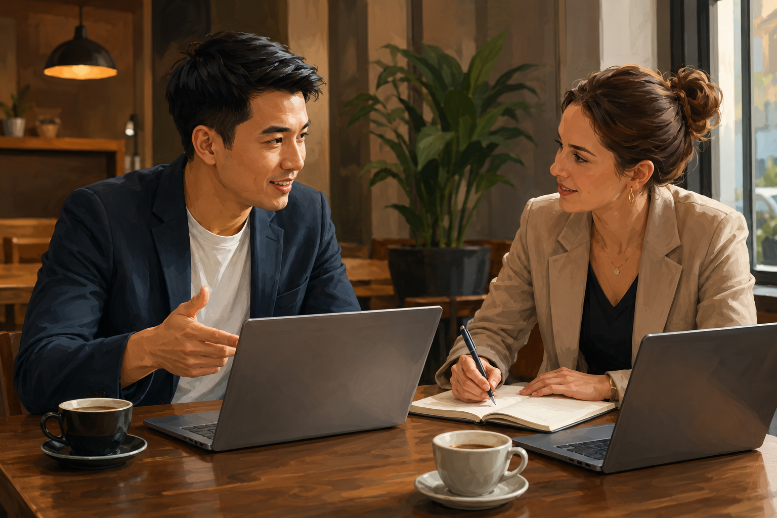 Two business partners sitting across from each other at a coffee shop table, laptops open, discussing software options. One person gestures toward the screen while the other takes notes. Painterly digital illustration, stylized realism. No text on the image.