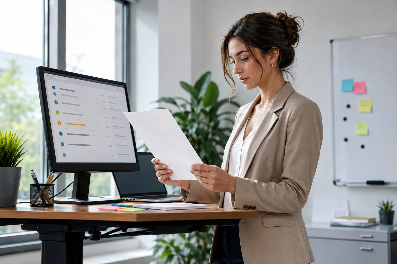 A marketing manager standing at a standing desk, reviewing a printed checklist and comparing it to items on her computer screen, surrounded by sticky notes and a whiteboard in the background. Painterly digital illustration, stylized realism. No text on the image.