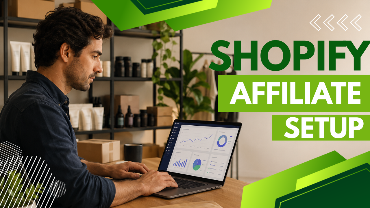 A Shopify store owner reviewing affiliate dashboard analytics on a laptop, seated at a modern retail workspace with product packaging visible in the background. Painterly digital illustration, stylized realism. No text on the image.