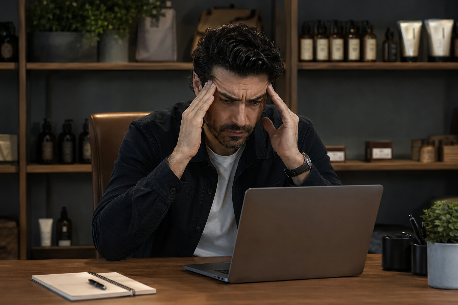 A frustrated store owner at a desk rubbing his temples while staring at a laptop screen showing declining metrics, with product samples on shelves behind him. Painterly digital illustration, stylized realism. No text on the image.
