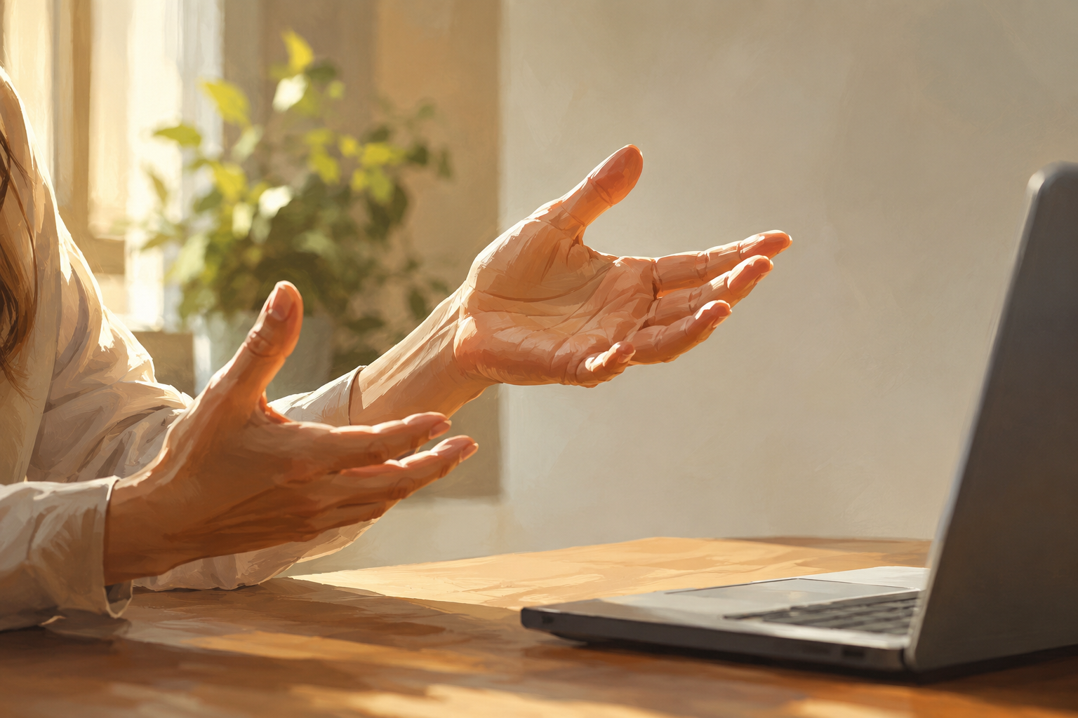 Close-up of hands gesturing expressively while speaking on a video call, warm light from a window, painterly digital illustration style.