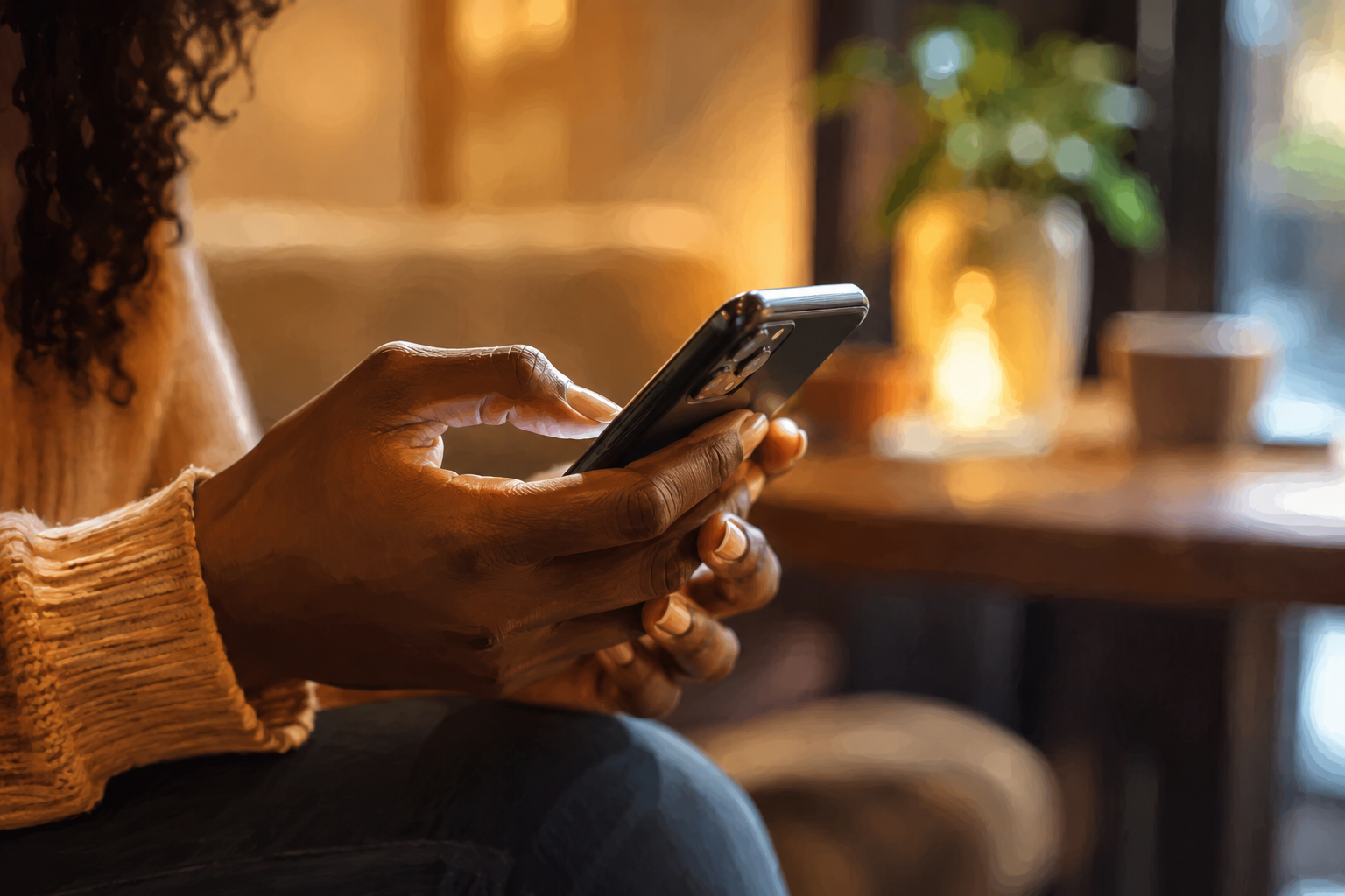Close-up of hands scrolling through a phone, warm ambient light, relaxed home environment