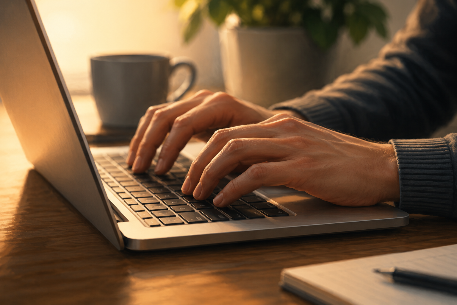 Close-up of hands typing a newsletter on a keyboard