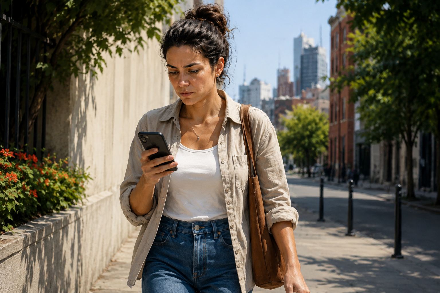 Person walking outdoors, phone in hand, reading something on the screen with a focused expression